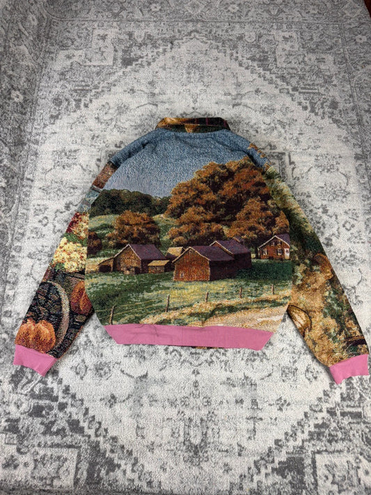 Veste en tapisserie design unique vintage fait main upcyclé retravaillé tissé taille XL n•747