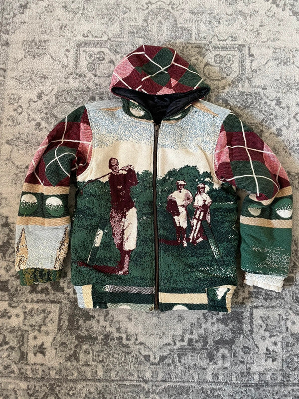Manteau en tapisserie capuche vintage retravaillée crop à la taille unique  Fait main unisexe