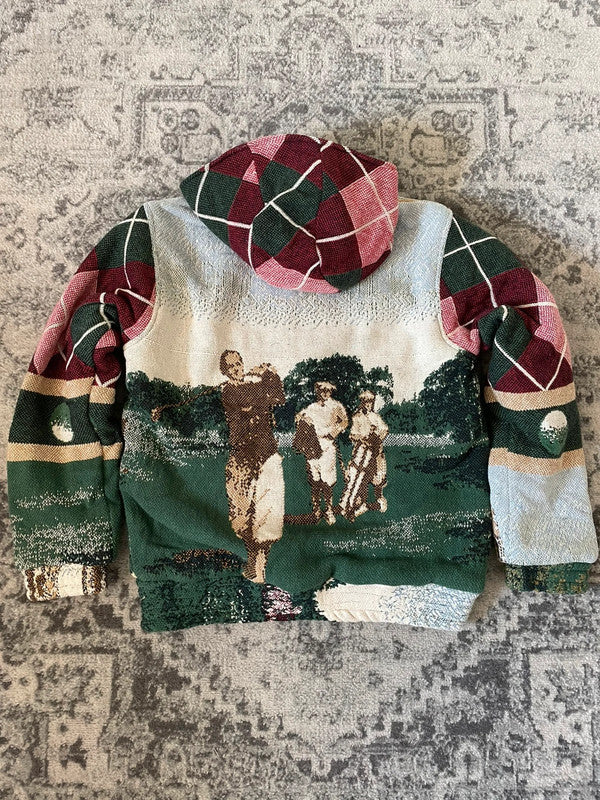 Manteau en tapisserie capuche vintage retravaillée crop à la taille unique  Fait main unisexe