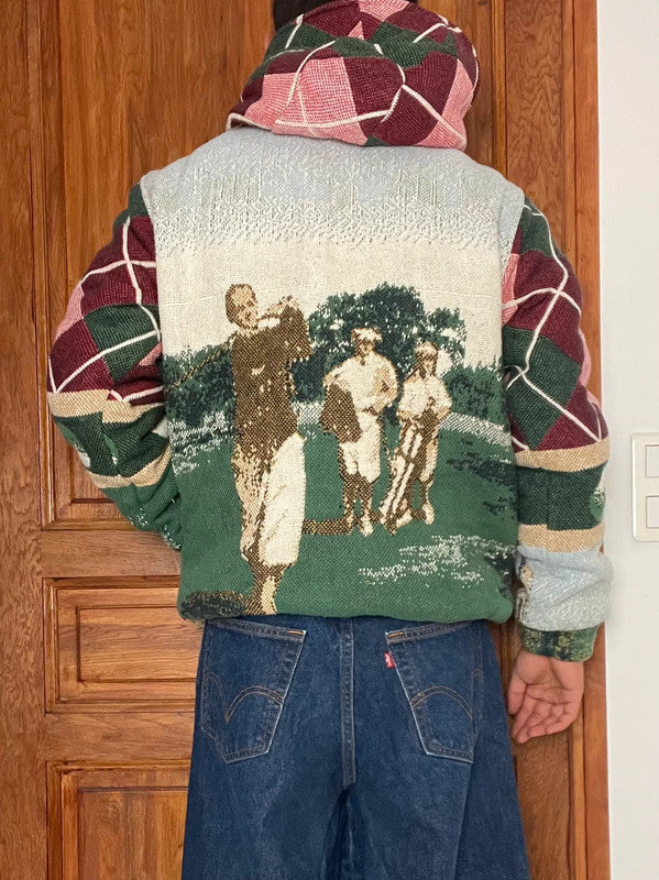 Manteau en tapisserie capuche vintage retravaillée crop à la taille unique  Fait main unisexe