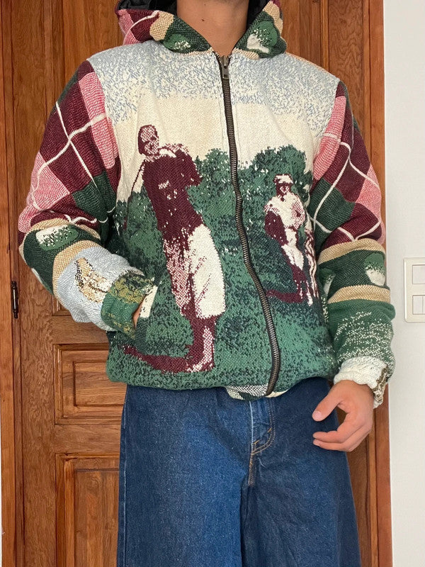 Manteau en tapisserie capuche vintage retravaillée crop à la taille unique  Fait main unisexe