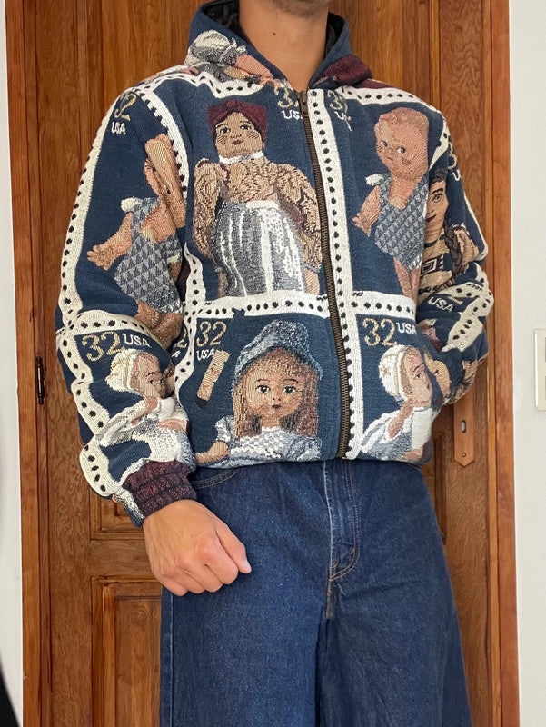 Manteau en tapisserie capuche vintage retravaillée crop à la taille unique  Fait main unisexe