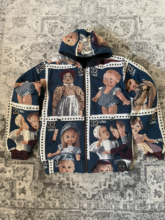 Manteau en tapisserie capuche vintage retravaillée crop à la taille unique  Fait main unisexe