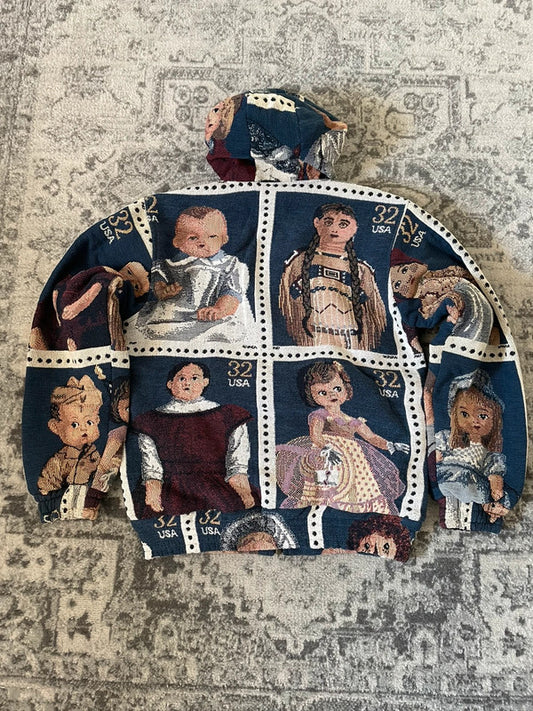 Manteau en tapisserie capuche vintage retravaillée crop à la taille unique  Fait main unisexe