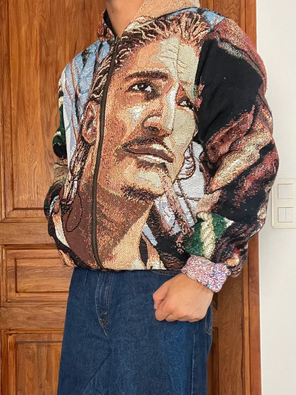 Manteau en tapisserie capuche vintage retravaillée crop à la taille unique  Fait main unisexe