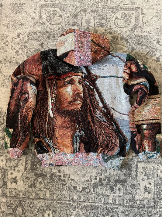 Manteau en tapisserie capuche vintage retravaillée crop à la taille unique  Fait main unisexe