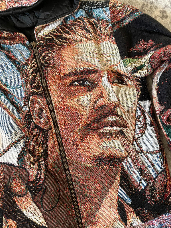 Manteau en tapisserie capuche vintage retravaillée crop à la taille unique  Fait main unisexe