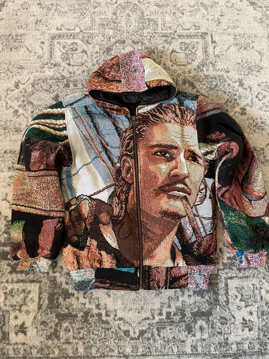 Manteau en tapisserie capuche vintage retravaillée crop à la taille unique  Fait main unisexe