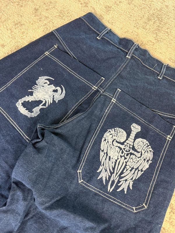 Pantalon baggy jean large skater Japanese double knee streetwear JNCO y2k vintage hip-hop 34US n•146