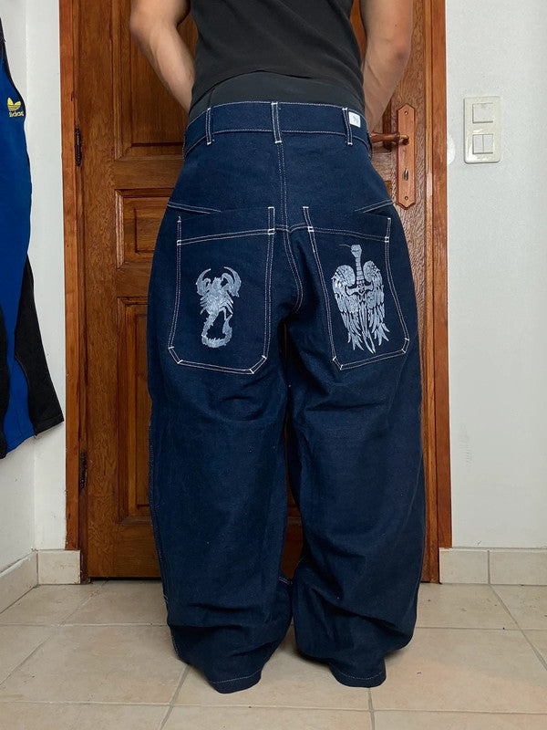 Pantalon baggy jean large skater Japanese double knee streetwear JNCO y2k vintage hip-hop 34US n•146