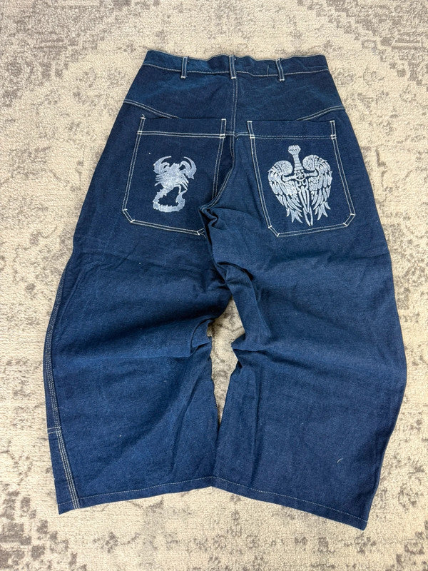 Pantalon baggy jean large skater Japanese double knee streetwear JNCO y2k vintage hip-hop 34US n•146