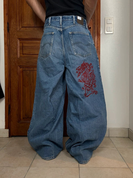 Pantalon baggy jean large skater Japanese balloon streetwear JNCO y2k vintage hip-hop L n•26
