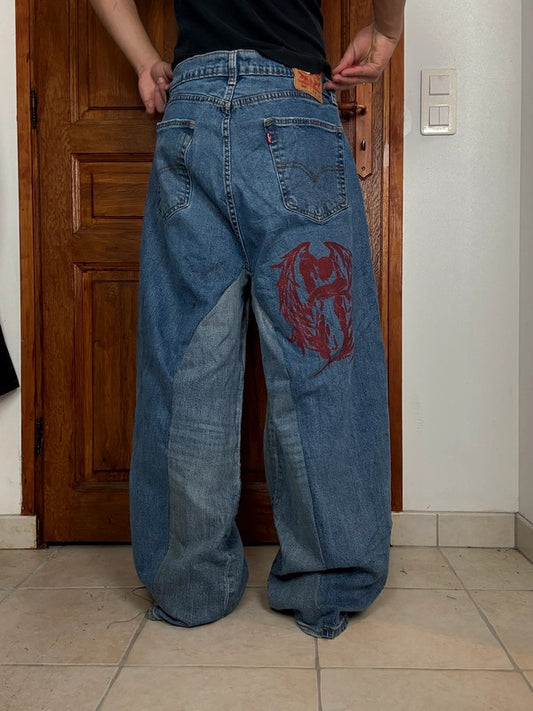 Pantalon baggy jean large skater Japanese balloon streetwear JNCO y2k vintage hip-hop 36US n•58