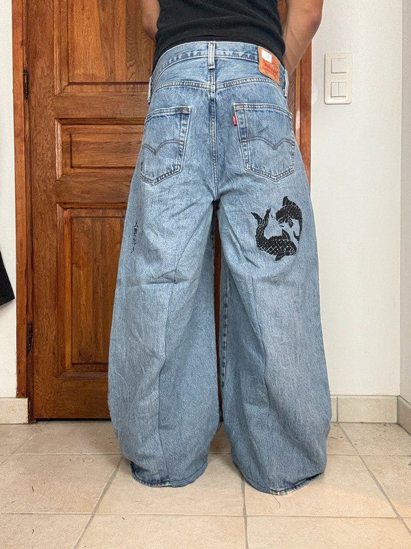 Pantalon baggy jean large skater Japanese balloon streetwear JNCO y2k vintage hip-hop 33US n•85