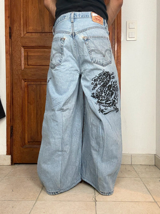 Pantalon baggy jean large skater Japanese balloon streetwear JNCO y2k vintage hip-hop 32US n•87