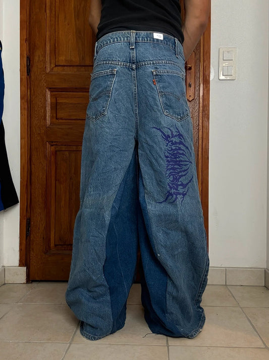 Pantalon baggy jean large skater Japanese balloon streetwear JNCO y2k vintage hip-hop M n•124