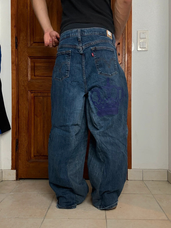 Pantalon baggy jean large skater Japanese balloon streetwear JNCO y2k vintage hip-hop M n•145