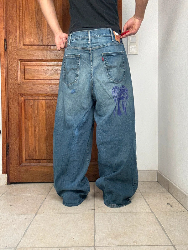 Pantalon baggy jean large skater Japanese balloon streetwear JNCO y2k vintage hip-hop 36US n•240