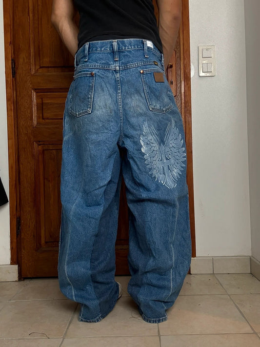 Pantalon baggy jean large skater Japanese balloon streetwear JNCO y2k vintage hip-hop 32US n•151