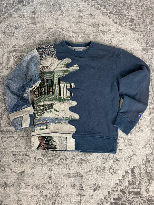 Sweat en tapisserie upcyclé handmade rework style vintage taille M n•403