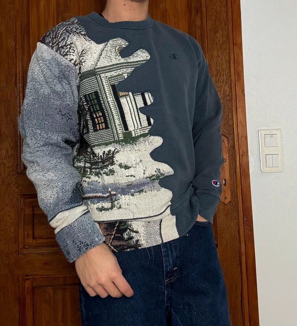 Sweat en tapisserie upcyclé handmade rework style vintage taille M n•403