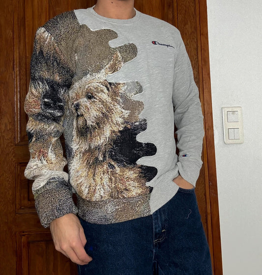 Sweat en tapisserie upcyclé handmade rework style vintage taille S n•402