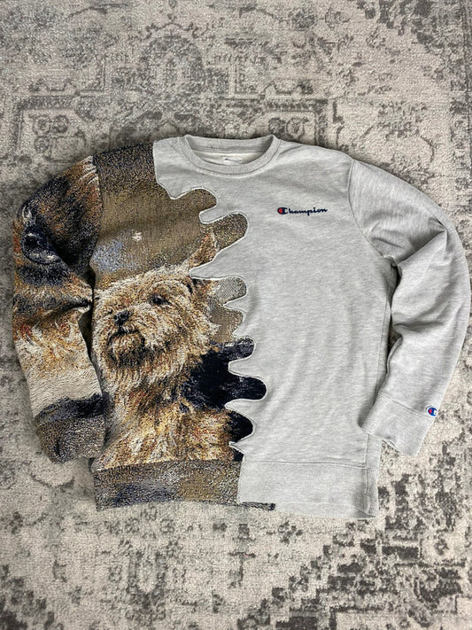 Sweat en tapisserie upcyclé handmade rework style vintage taille S n•402