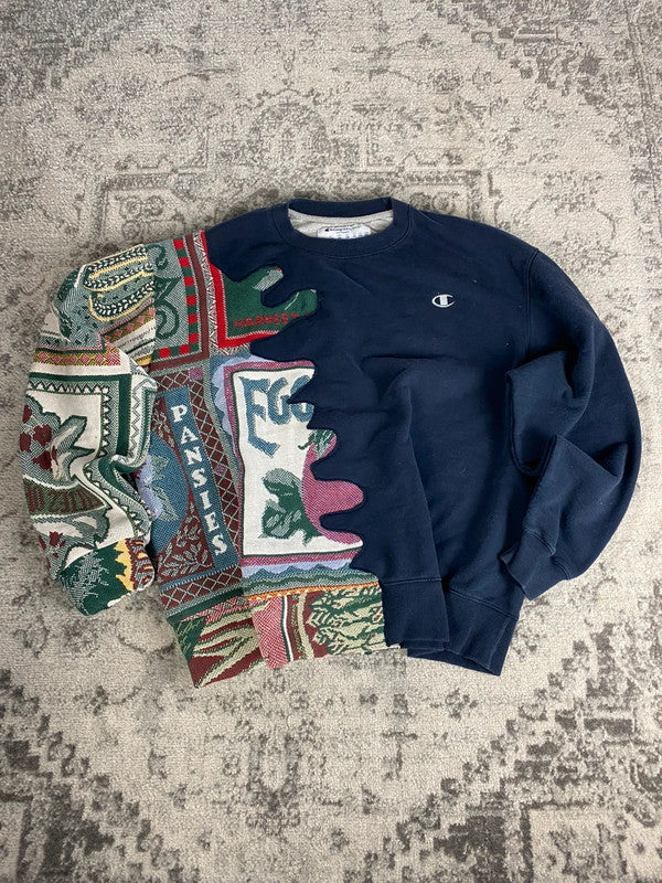 Sweat en tapisserie upcyclé handmade rework style vintage taille XL n•394
