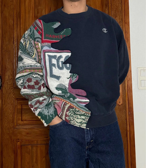 Sweat en tapisserie upcyclé handmade rework style vintage taille XL n•394