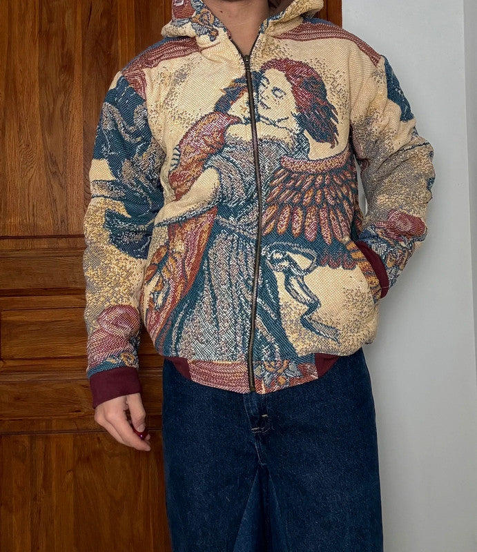 Manteau en tapisserie design unique vintage fait main upcyclé retravaillé tissé taille M n•447