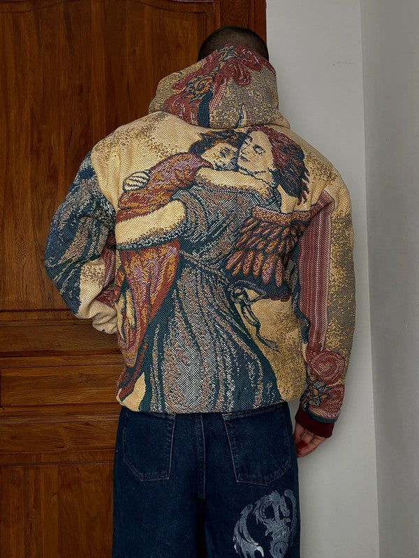 Manteau en tapisserie design unique vintage fait main upcyclé retravaillé tissé taille M n•447