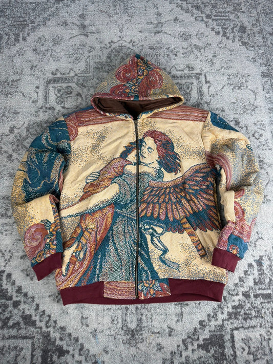 Manteau en tapisserie design unique vintage fait main upcyclé retravaillé tissé taille M n•447