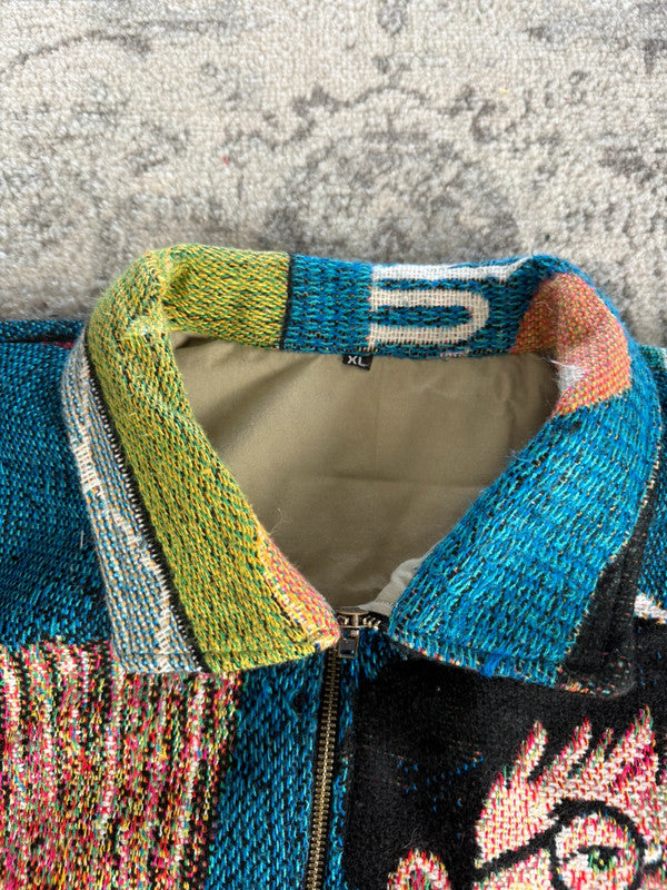 Manteau en tapisserie design unique vintage fait main upcyclé retravaillé tissé taille XL n•440