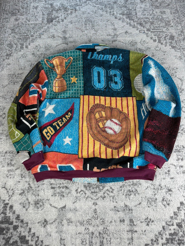 Manteau en tapisserie design unique vintage fait main upcyclé retravaillé tissé taille XL n•440