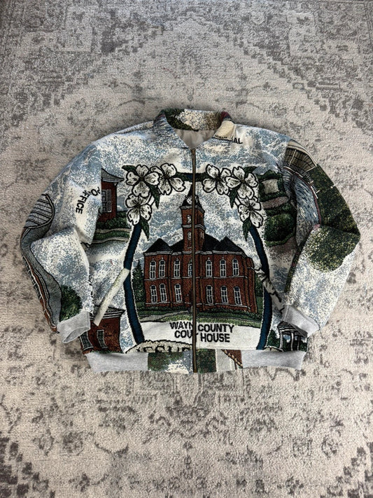 Manteau en tapisserie design unique vintage fait main upcyclé retravaillé tissé taille M n•436