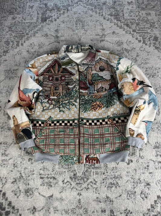 Manteau en tapisserie design unique vintage fait main upcyclé retravaillé tissé taille M n•434