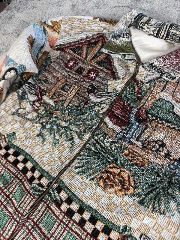 Manteau en tapisserie design unique vintage fait main upcyclé retravaillé tissé taille M n•434