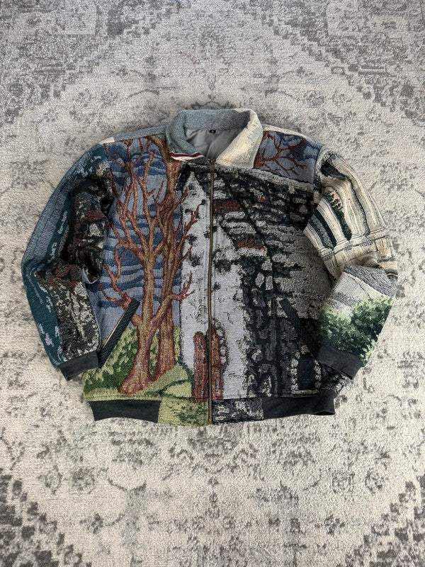 Manteau en tapisserie design unique vintage fait main upcyclé retravaillé tissé taille M n•433