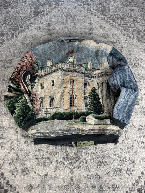 Manteau en tapisserie design unique vintage fait main upcyclé retravaillé tissé taille M n•433