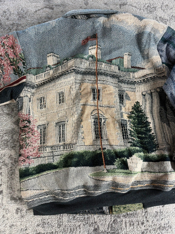 Manteau en tapisserie design unique vintage fait main upcyclé retravaillé tissé taille M n•433