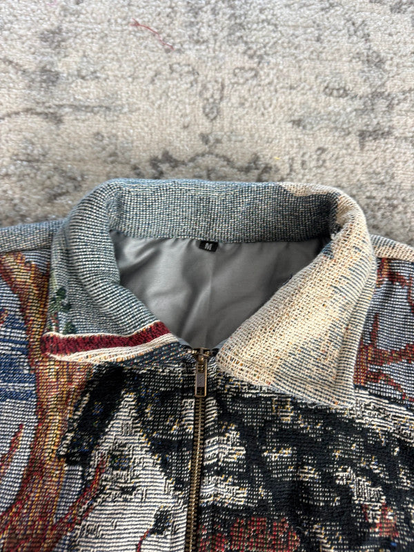 Manteau en tapisserie design unique vintage fait main upcyclé retravaillé tissé taille M n•433