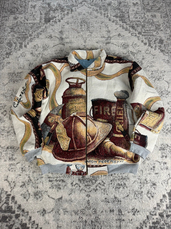 Manteau en tapisserie design unique vintage fait main upcyclé retravaillé tissé taille L n•431,5