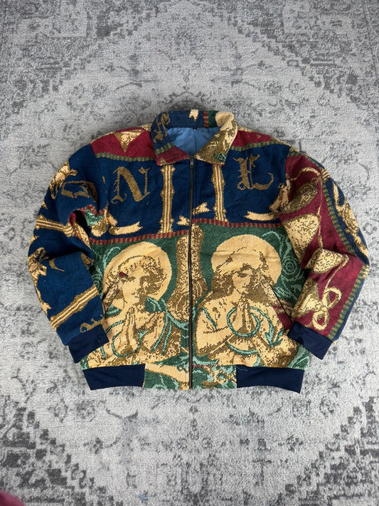 Manteau en tapisserie design unique vintage fait main upcyclé retravaillé tissé taille L n•428