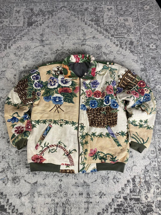 Manteau en tapisserie design unique vintage fait main upcyclé retravaillé tissé taille XL n•425