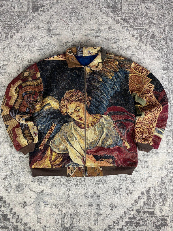 Manteau en tapisserie design unique vintage fait main upcyclé retravaillé tissé taille L n•423