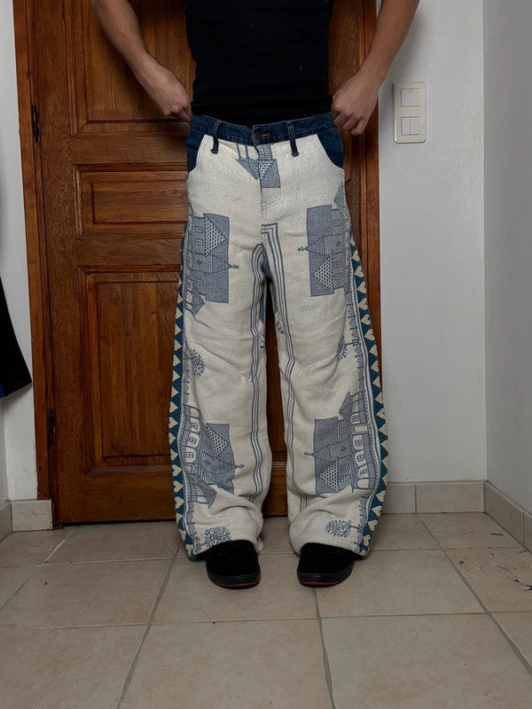 Pantalon baggy en tapisserie design unique vintage fait main upcyclé retravaillé taille 34US n•413