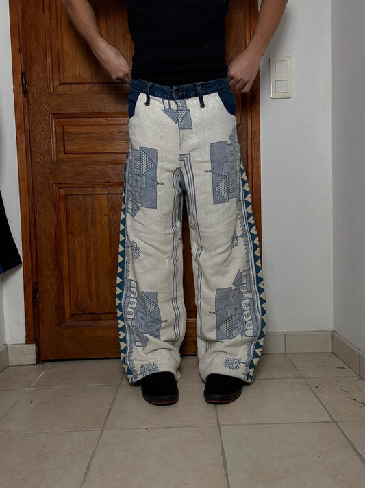 Pantalon baggy en tapisserie design unique vintage fait main upcyclé retravaillé taille 34US n•413