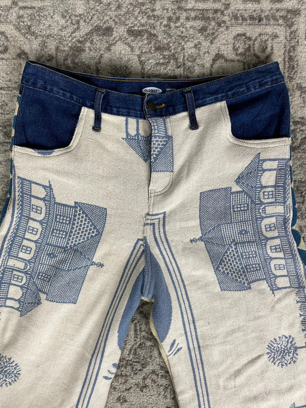 Pantalon baggy en tapisserie design unique vintage fait main upcyclé retravaillé taille 34US n•413