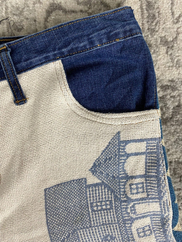 Pantalon baggy en tapisserie design unique vintage fait main upcyclé retravaillé taille 34US n•413