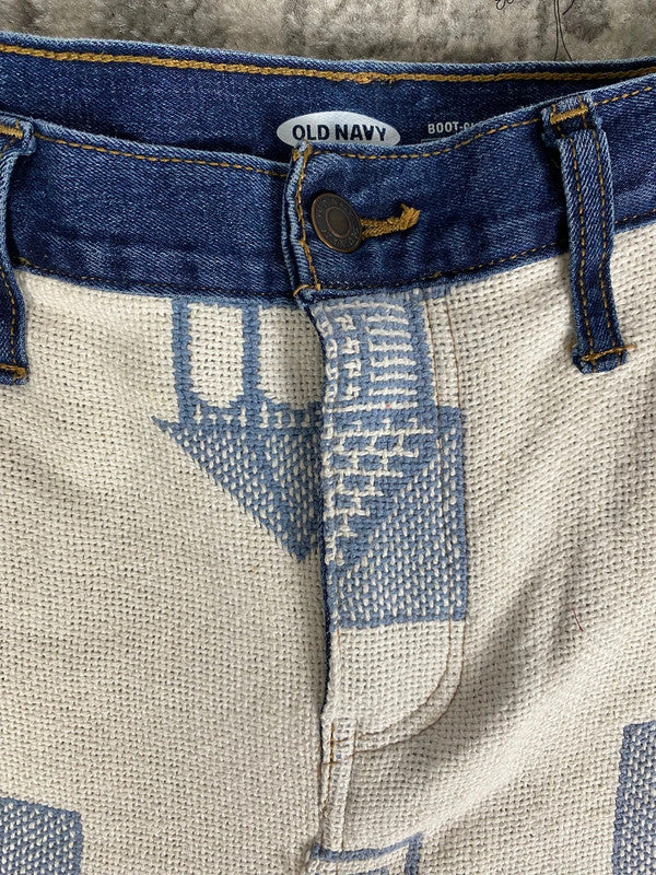 Pantalon baggy en tapisserie design unique vintage fait main upcyclé retravaillé taille 34US n•413